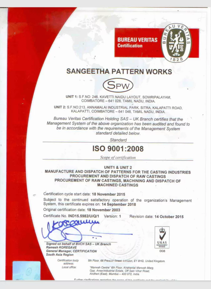 Bureau Veritas certifies Sangeetha Pattern Works for the manufacture and dispatch of patterns for the casting industry