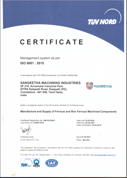 ISO certificate of Sangeetha Machinery for the manufacturing and dispatch of patterns for the casting industries