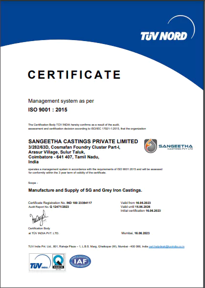 Sangeetha Castings Private Limited's ISO certification for the manufacture and supply of SG and Grey Iron castings