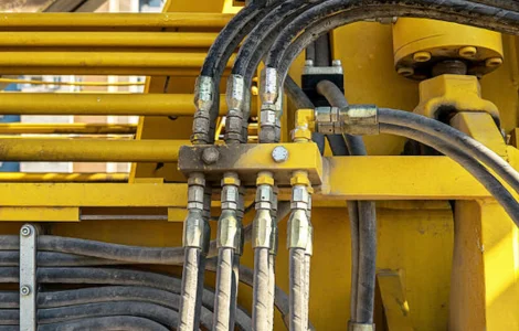 A magnified image of a yellow machine, exhibiting an array of interconnected pipes for Hydraulics & Pneumatics Sector.