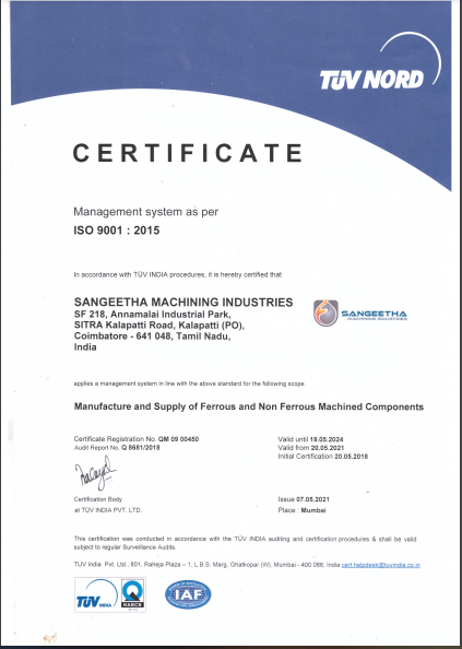 An ISO certification for the casting industries ISO certificate of Sangeetha Machinery for the manufacturing and dispatch of patterns for the casting industries