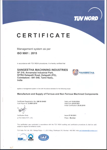 ISO certificate of Sangeetha Machinery for the manufacturing and dispatch of patterns for the casting industries