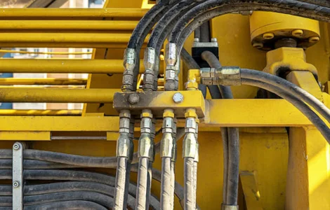 Best Spare Parts For Hydraulics & Pneumatics Sector A magnified image of a yellow machine, exhibiting an array of interconnected pipes for Hydraulics & Pneumatics Sector.