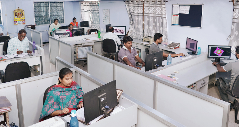 Best Autocad professionals for pattern modeling in Coimbatore An office area with a set of professionals working at their computers in CAD/CAM designing for 3D pattern modeling